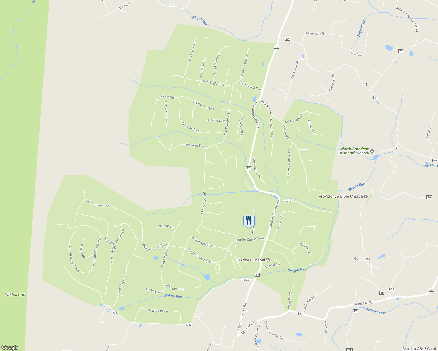 map of restaurants, bars, coffee shops, grocery stores, and more near 79 Sherando Trail in Hedgesville