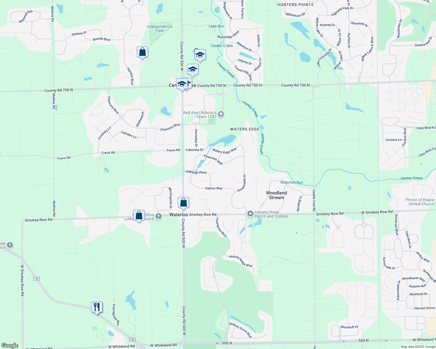 map of restaurants, bars, coffee shops, grocery stores, and more near 4745 Oakleigh Court in Greenwood