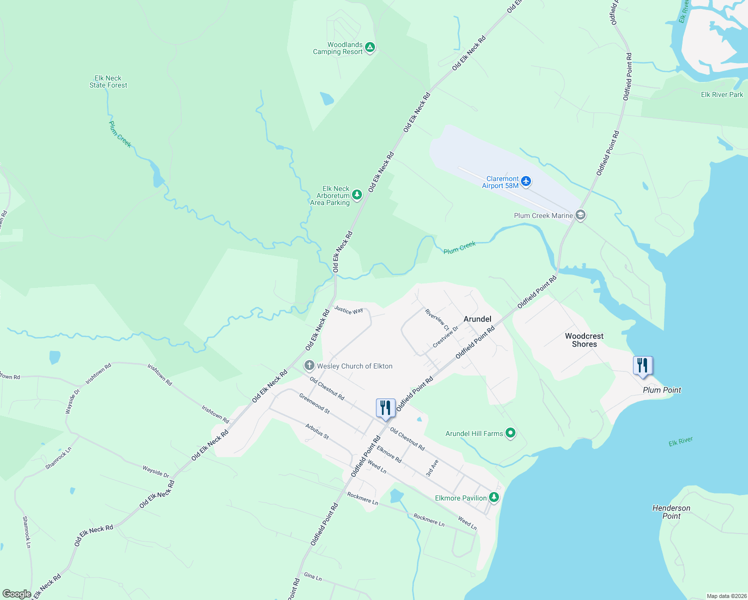 map of restaurants, bars, coffee shops, grocery stores, and more near 206 Justice Way in Elkton