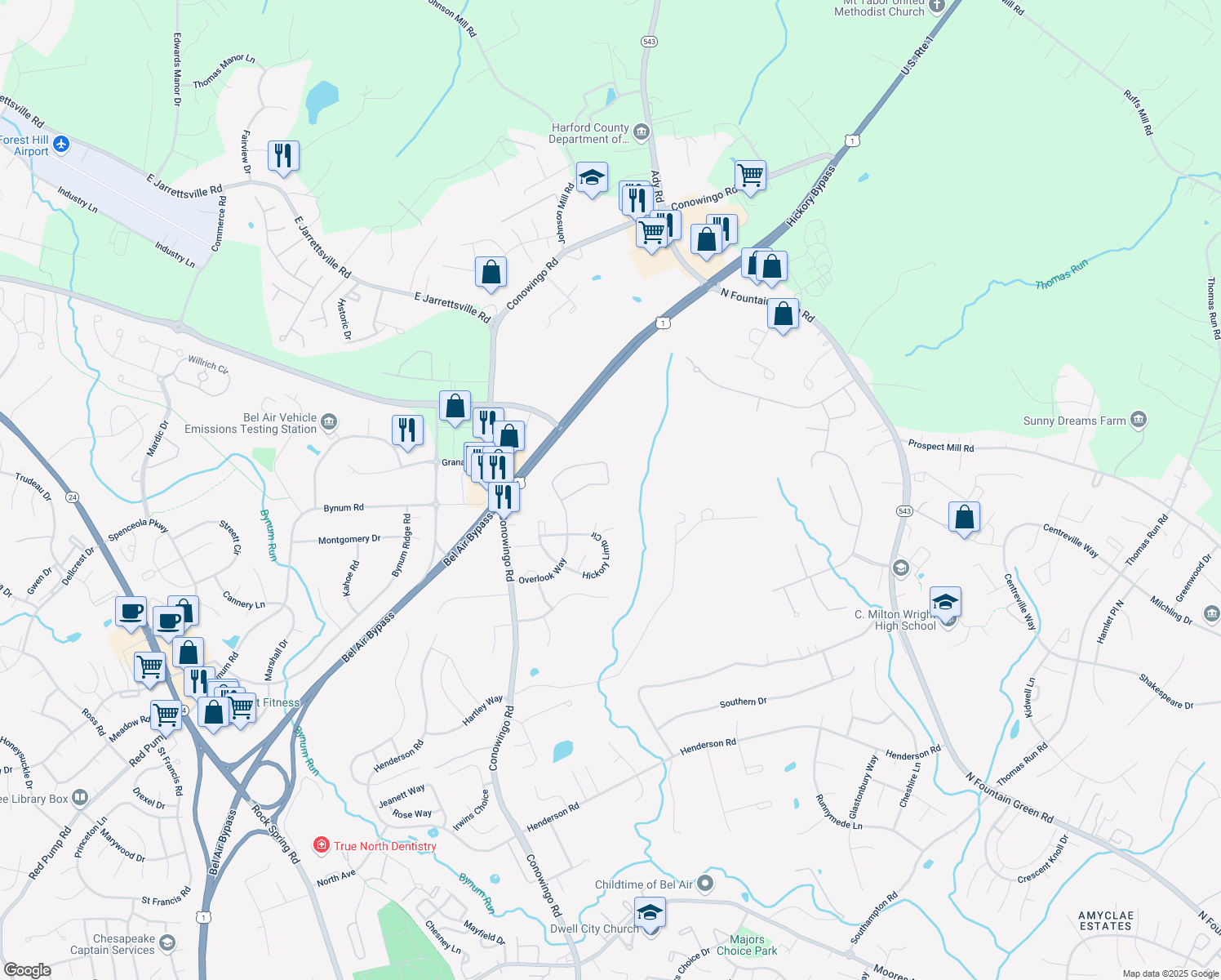 map of restaurants, bars, coffee shops, grocery stores, and more near 1429 Overlook Way in Bel Air