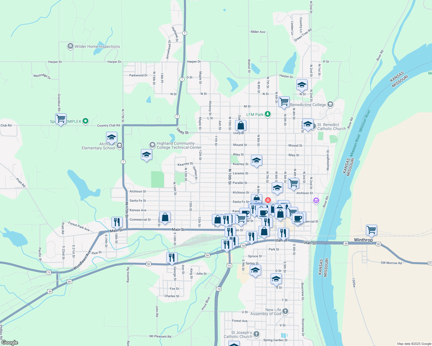 map of restaurants, bars, coffee shops, grocery stores, and more near 1098 Laramie St in Atchison
