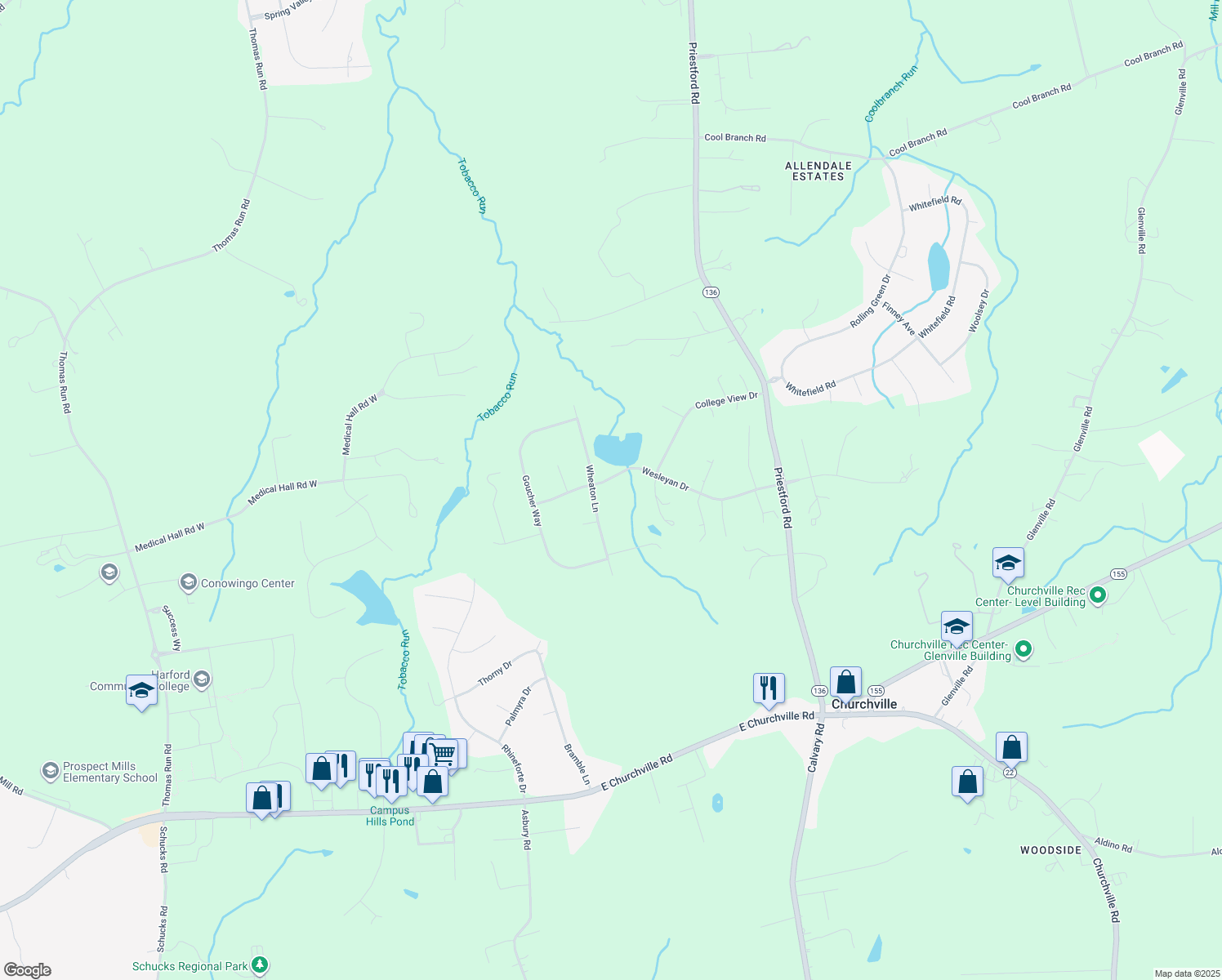 map of restaurants, bars, coffee shops, grocery stores, and more near 2713 Wesleyan Dr in Churchville