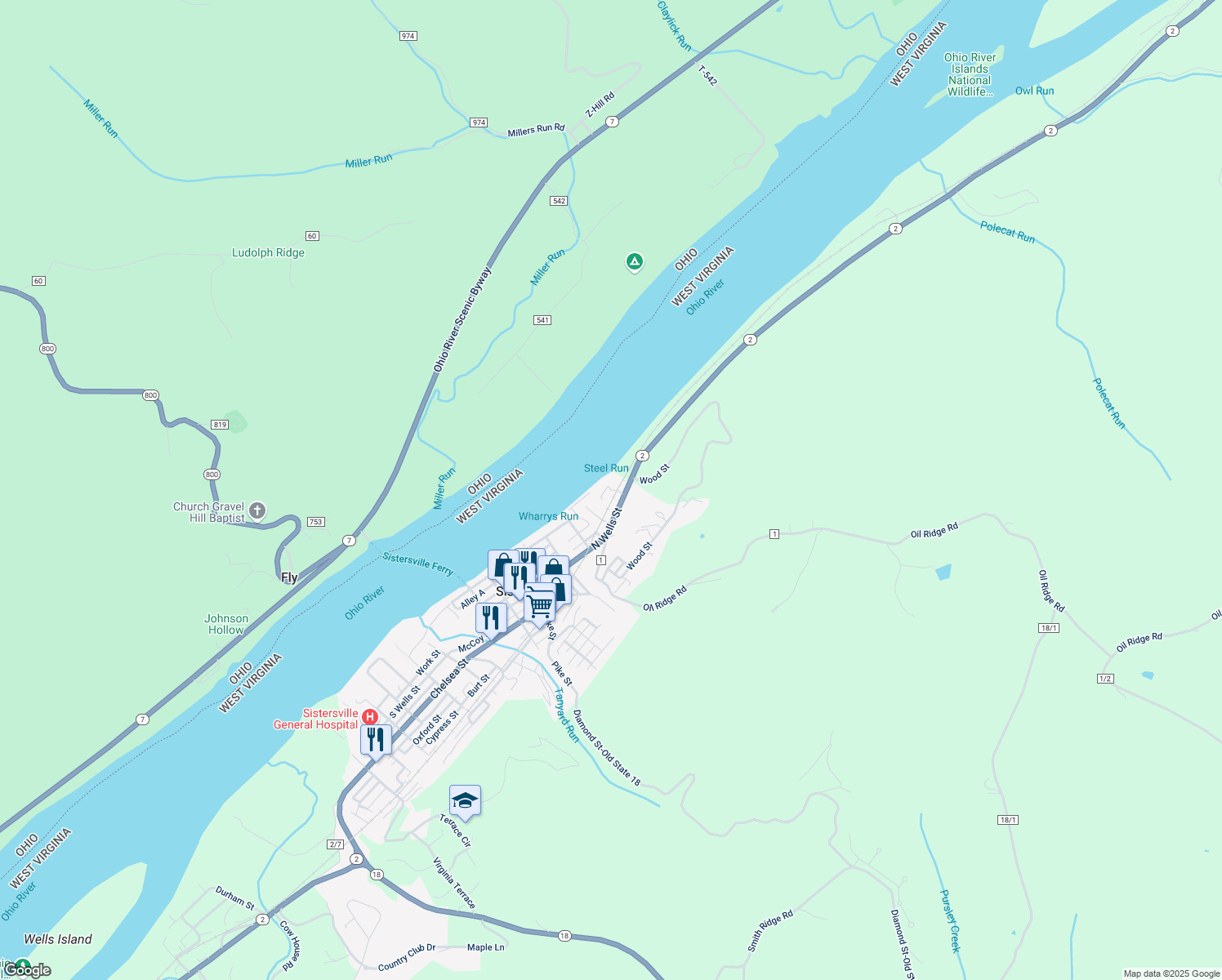 map of restaurants, bars, coffee shops, grocery stores, and more near Russell Avenue in Sistersville
