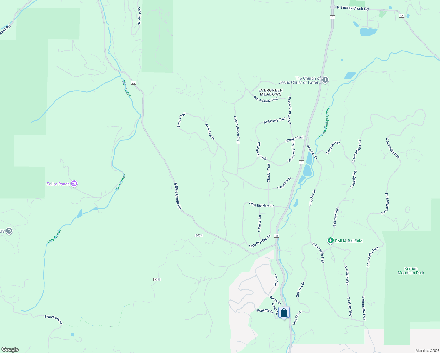 map of restaurants, bars, coffee shops, grocery stores, and more near 8150 Tim Tam Trail in Evergreen