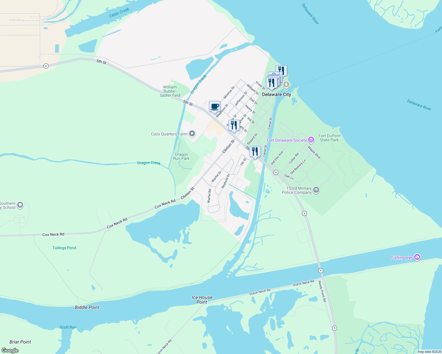 map of restaurants, bars, coffee shops, grocery stores, and more near 107 Clark Cir in Delaware City