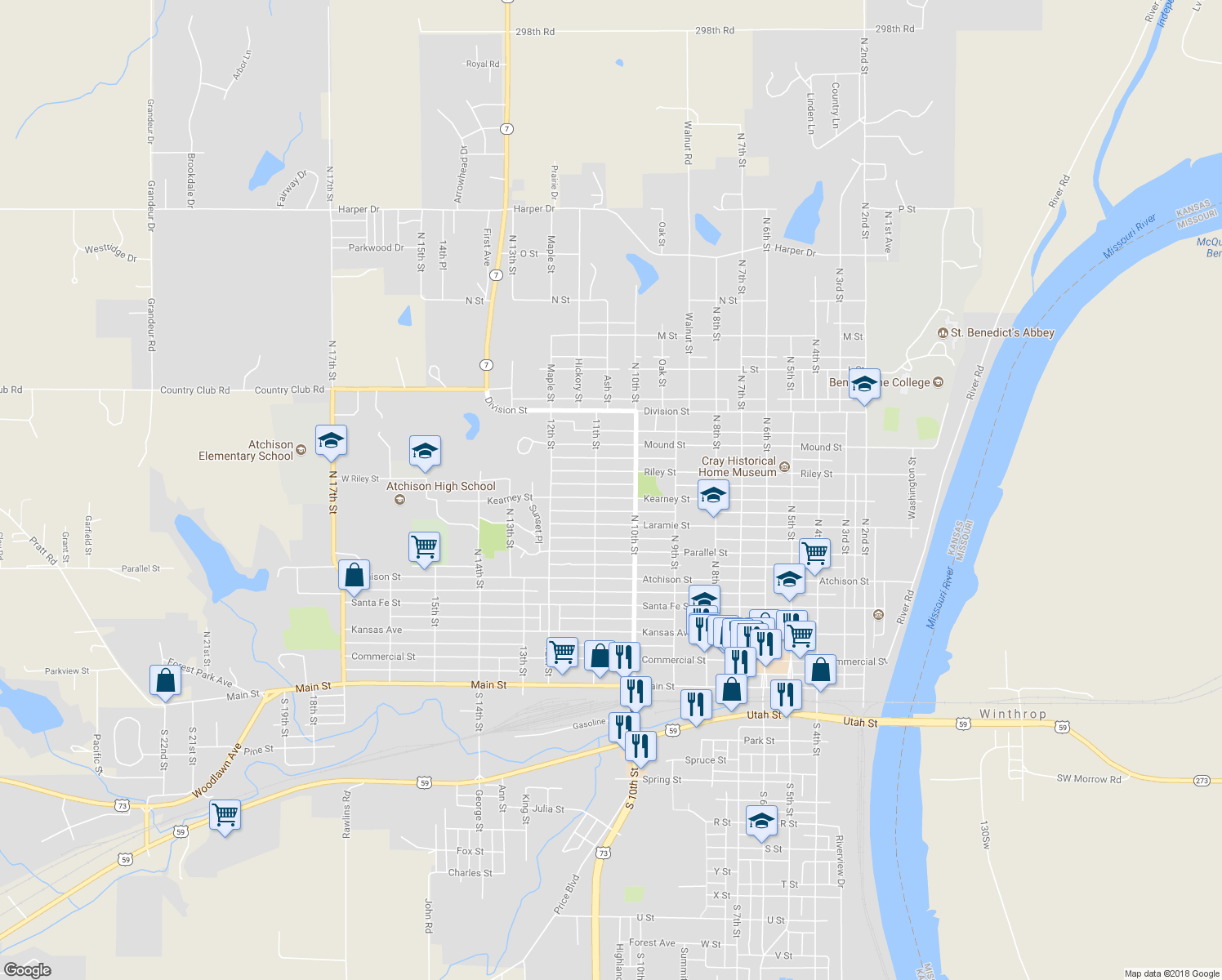 map of restaurants, bars, coffee shops, grocery stores, and more near 1029 Kearney Street in Atchison