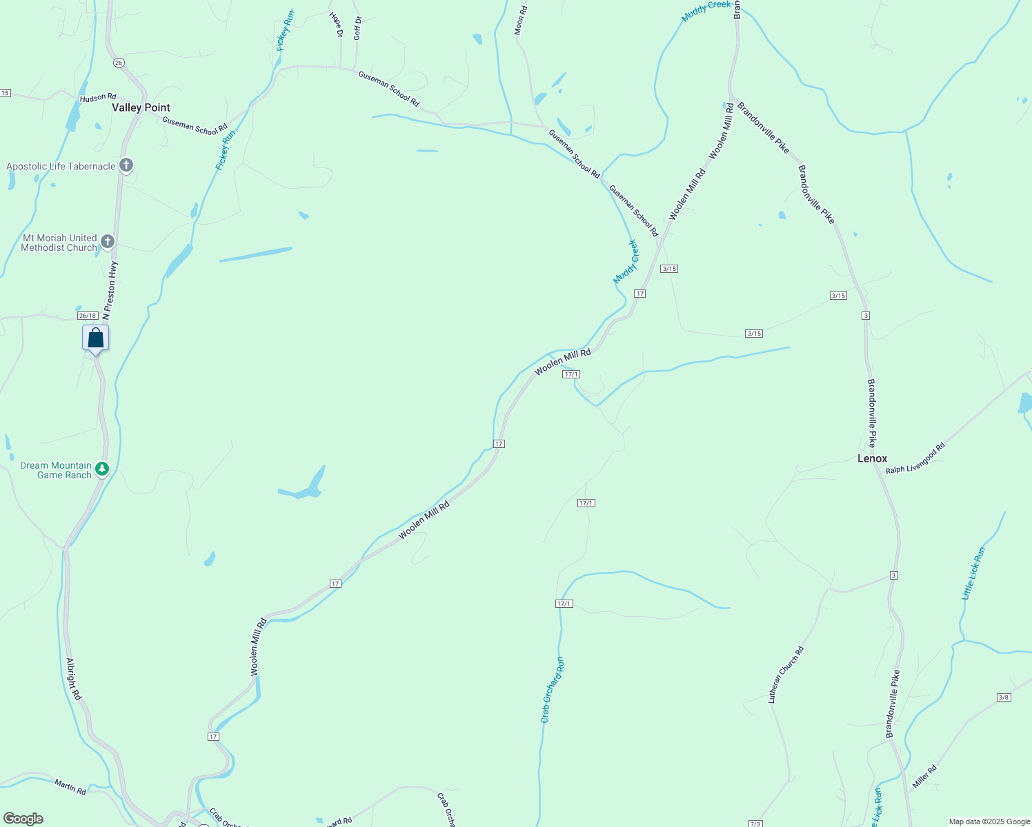 map of restaurants, bars, coffee shops, grocery stores, and more near 1952 Woolen Mill Road in Albright