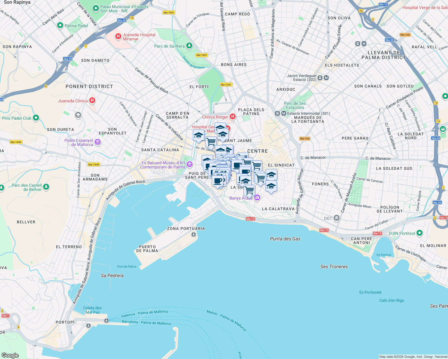 map of restaurants, bars, coffee shops, grocery stores, and more near 7 Passeig del Born in Palma