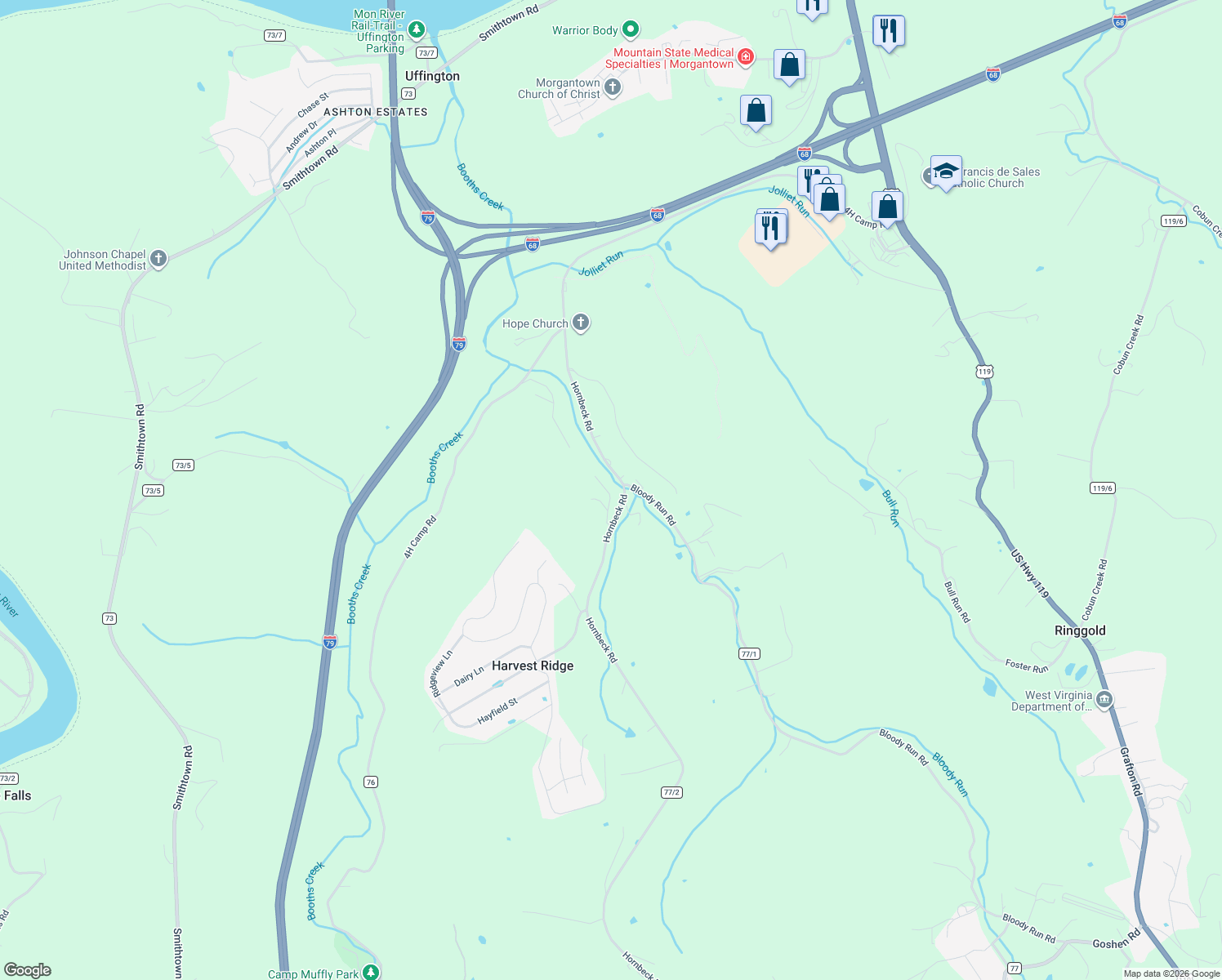 map of restaurants, bars, coffee shops, grocery stores, and more near 1020 Olivia Way in Morgantown