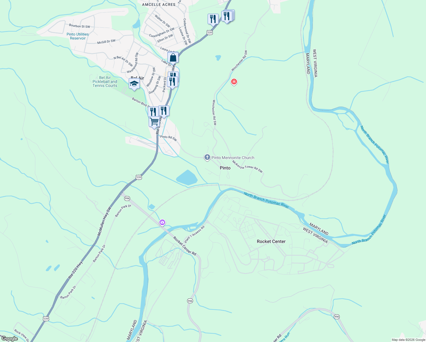 map of restaurants, bars, coffee shops, grocery stores, and more near 13831 Maple Tree Ln SW in Allegany