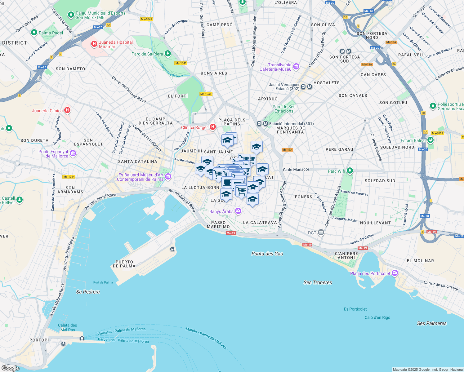 map of restaurants, bars, coffee shops, grocery stores, and more near 11 Plaça de Cort in Palma