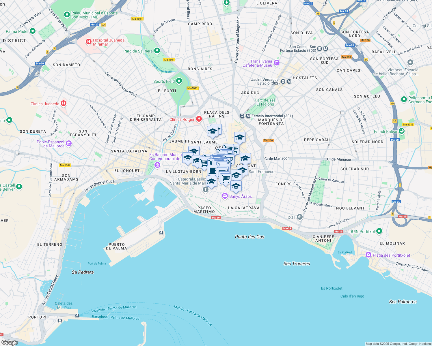 map of restaurants, bars, coffee shops, grocery stores, and more near 11 Plaça de Cort in Palma