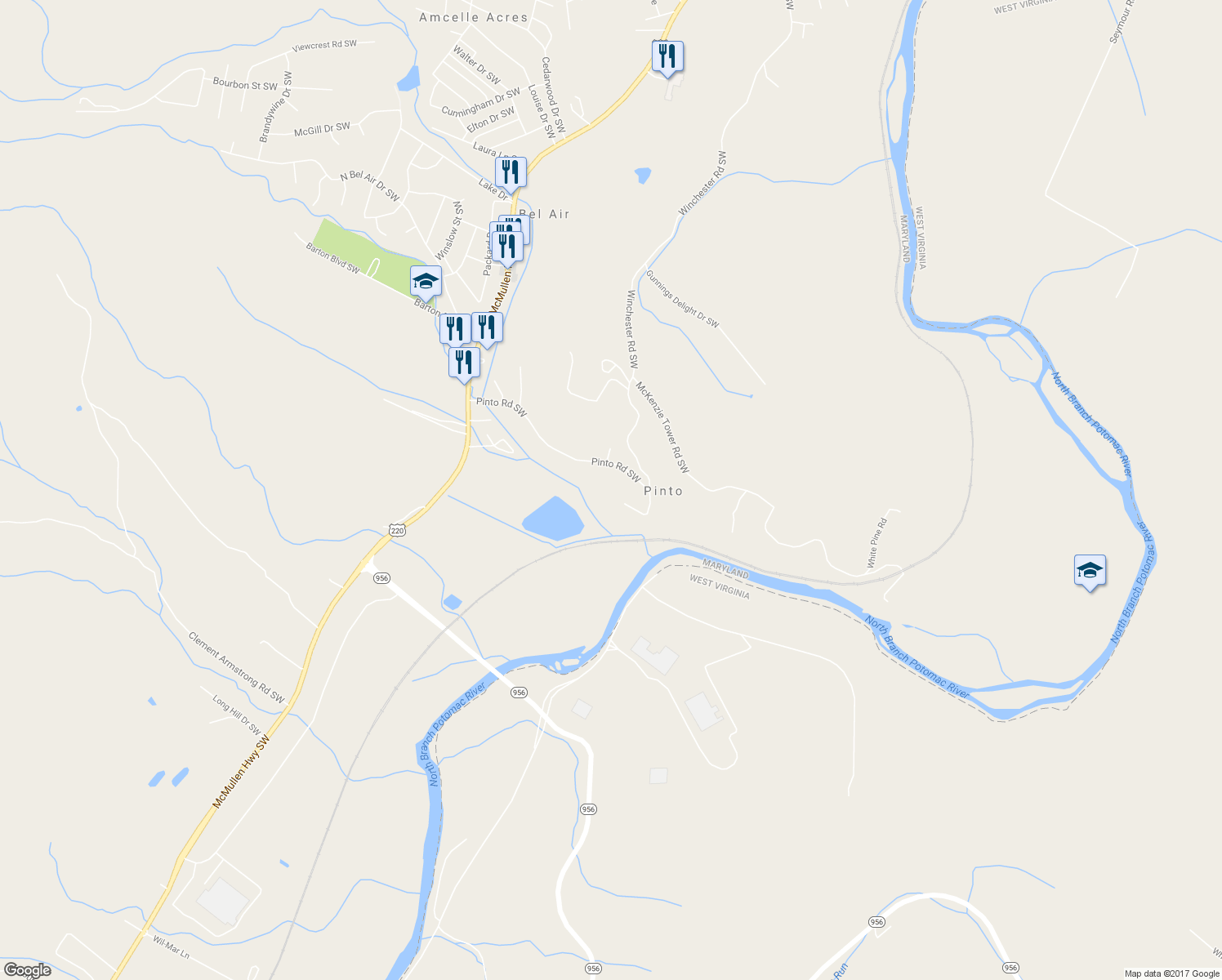 map of restaurants, bars, coffee shops, grocery stores, and more near 13831 Maple Tree Ln SW in Allegany
