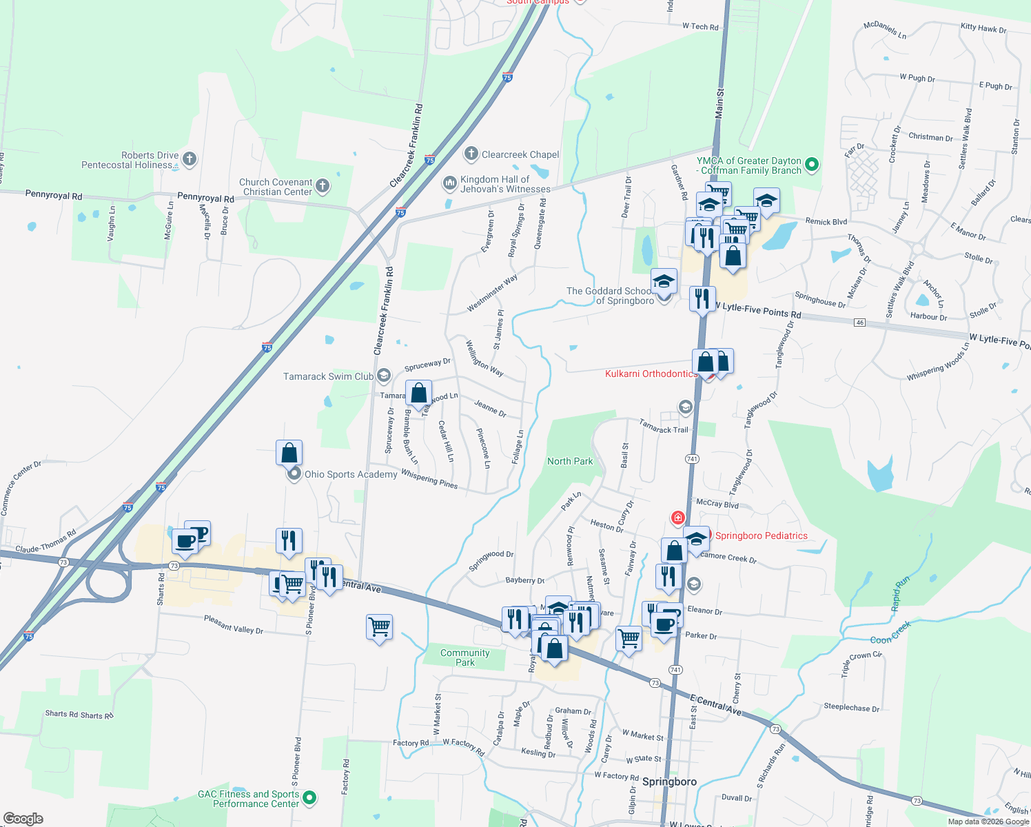 map of restaurants, bars, coffee shops, grocery stores, and more near 305 Foliage Lane in Springboro