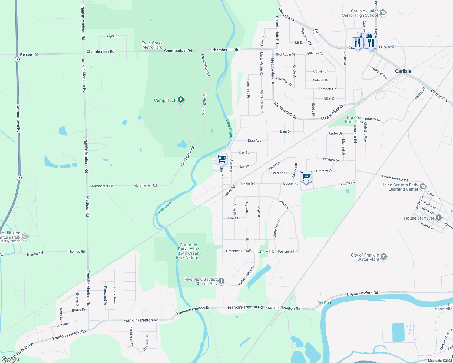 map of restaurants, bars, coffee shops, grocery stores, and more near 7958 Dubois Road in Carlisle