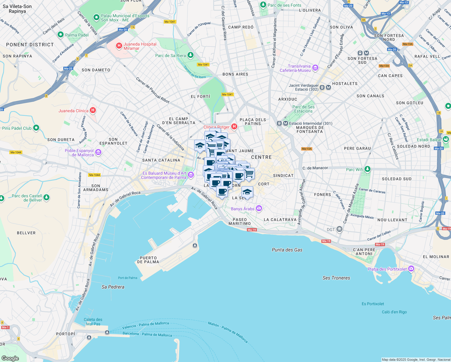 map of restaurants, bars, coffee shops, grocery stores, and more near 1 Carrer de Sant Feliu in Palma