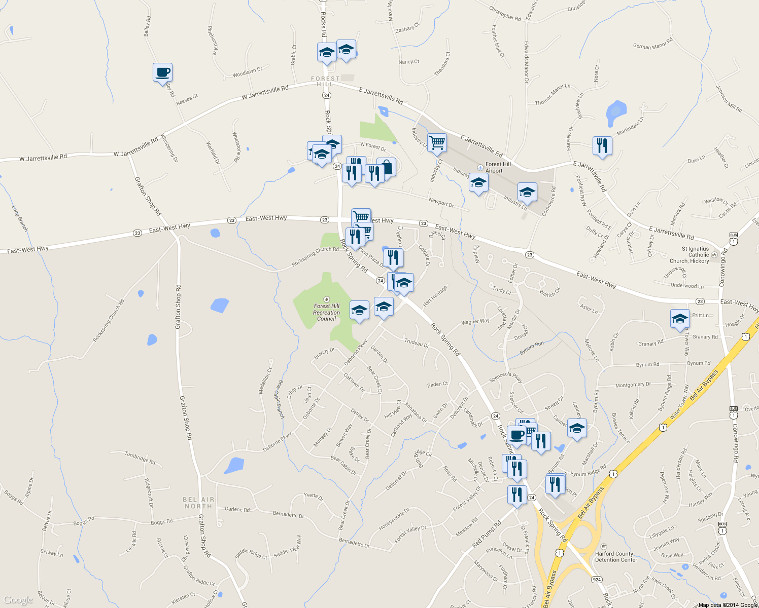 map of restaurants, bars, coffee shops, grocery stores, and more near 50 Osborne Pkwy in Bel Air North