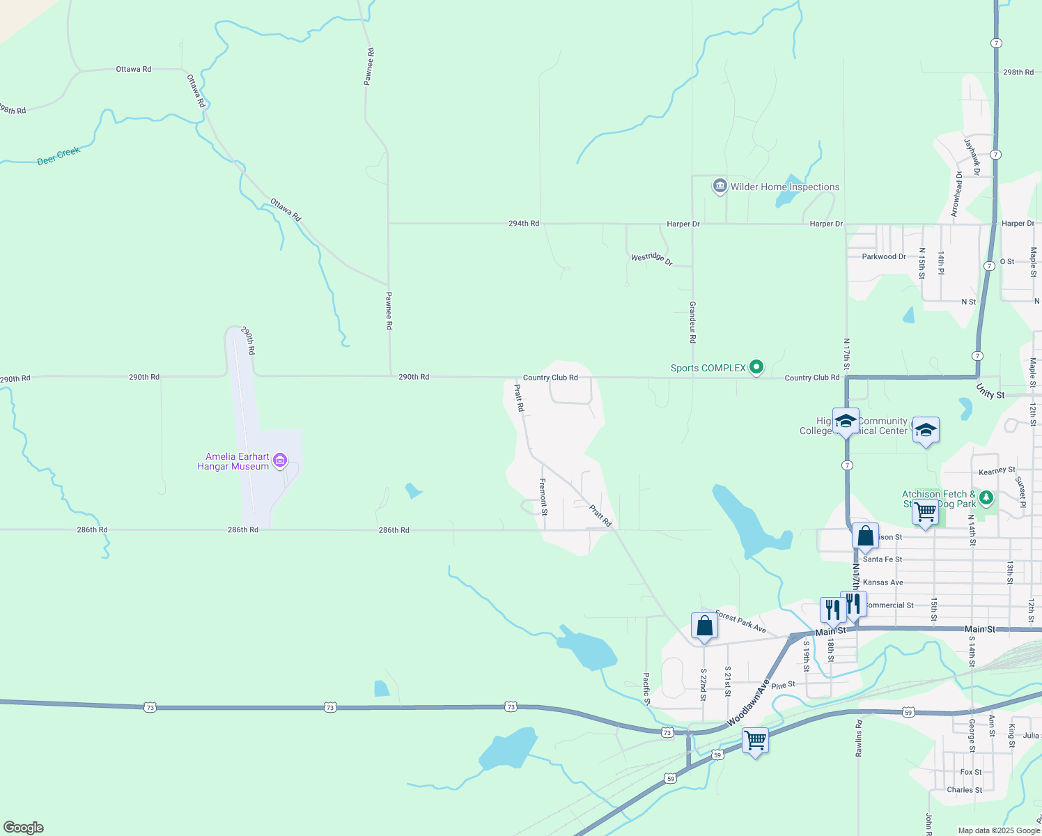 map of restaurants, bars, coffee shops, grocery stores, and more near 8517 Pratt Rd in Atchison