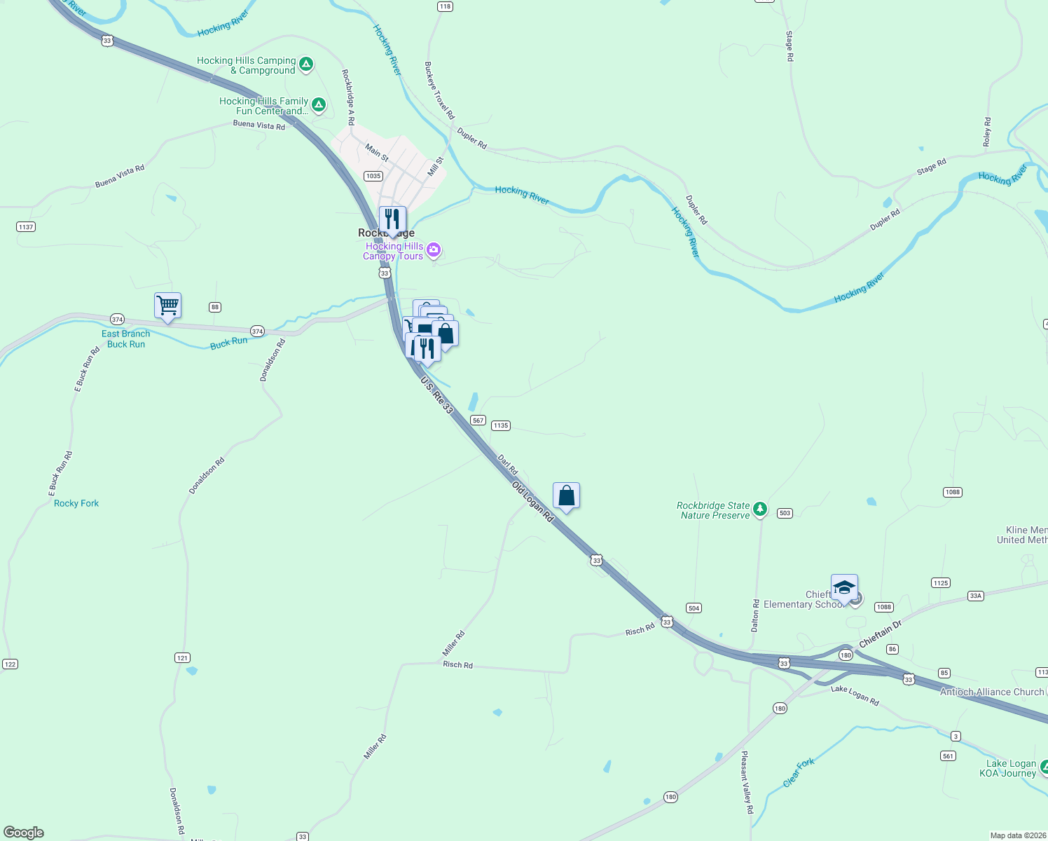 map of restaurants, bars, coffee shops, grocery stores, and more near 27162 Stuart Road in Rockbridge