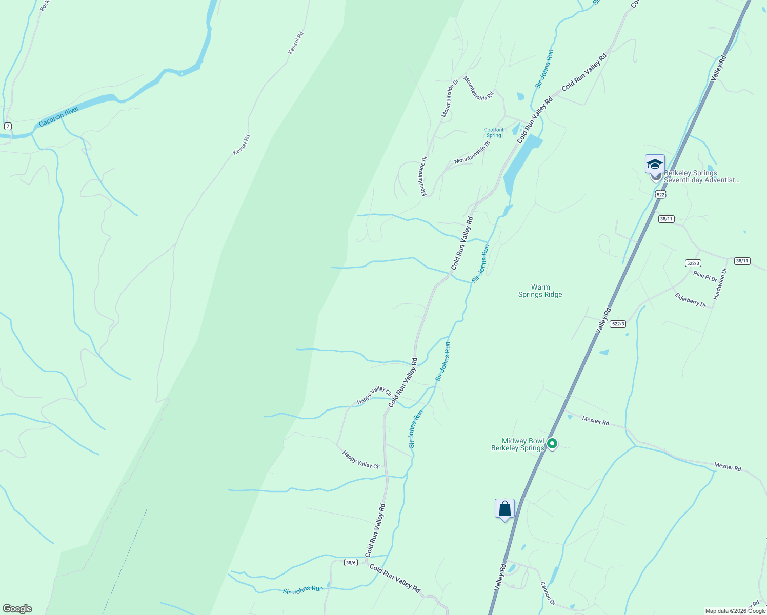 map of restaurants, bars, coffee shops, grocery stores, and more near 92 Bonaventure Way in Berkeley Springs