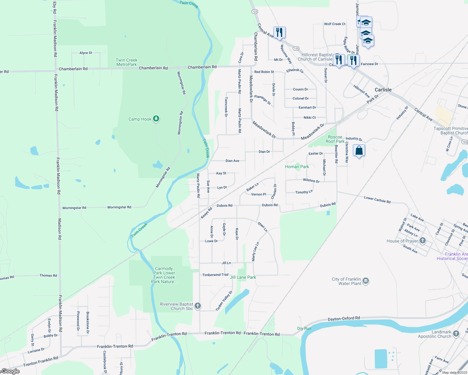 map of restaurants, bars, coffee shops, grocery stores, and more near 7759 Lyn Drive in Franklin