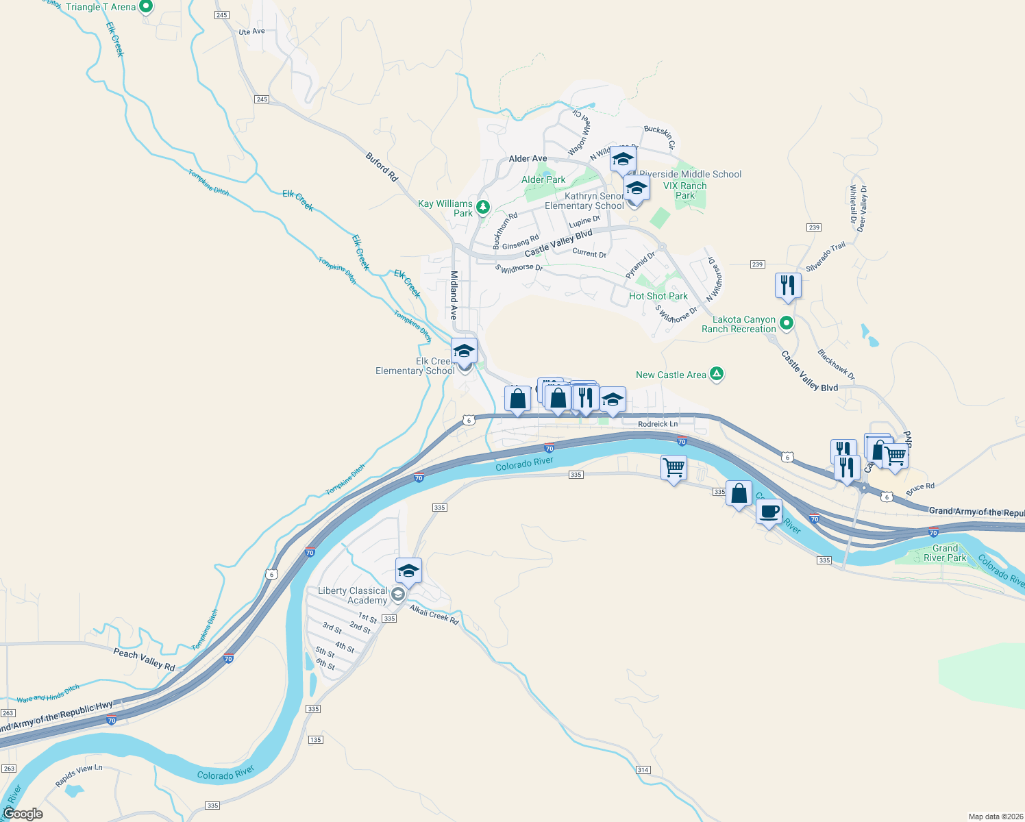 map of restaurants, bars, coffee shops, grocery stores, and more near 732 W Main St in New Castle