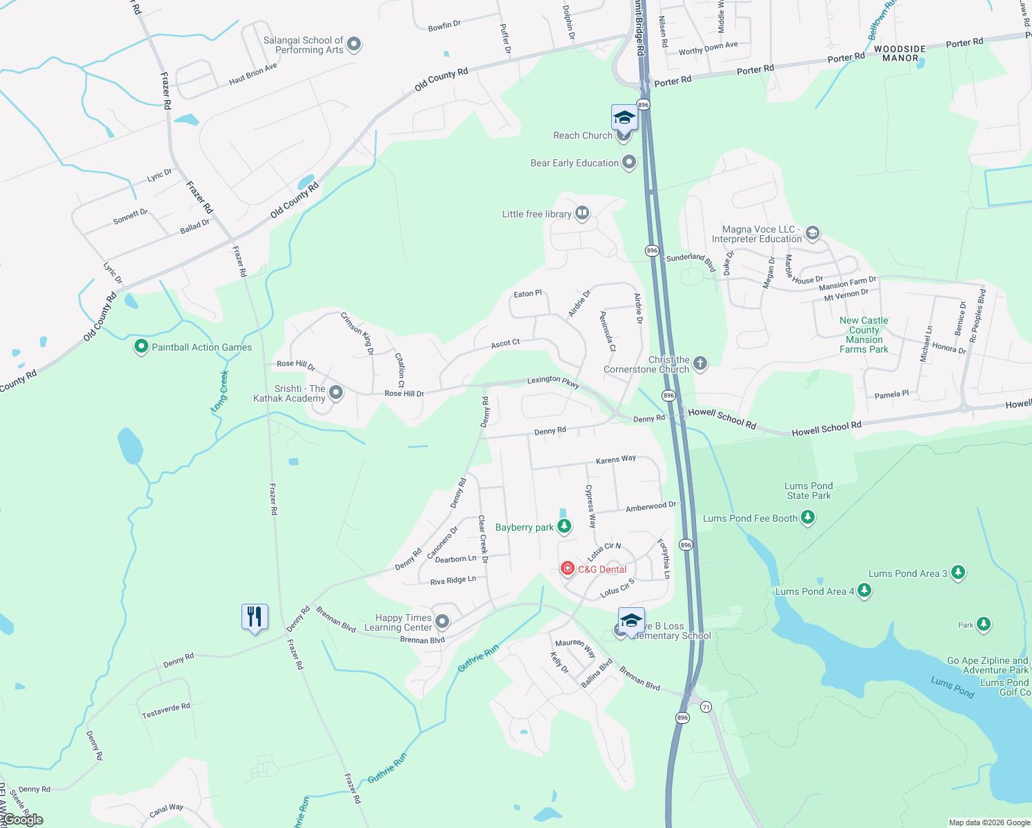 map of restaurants, bars, coffee shops, grocery stores, and more near 25 Pegasus Place in Bear