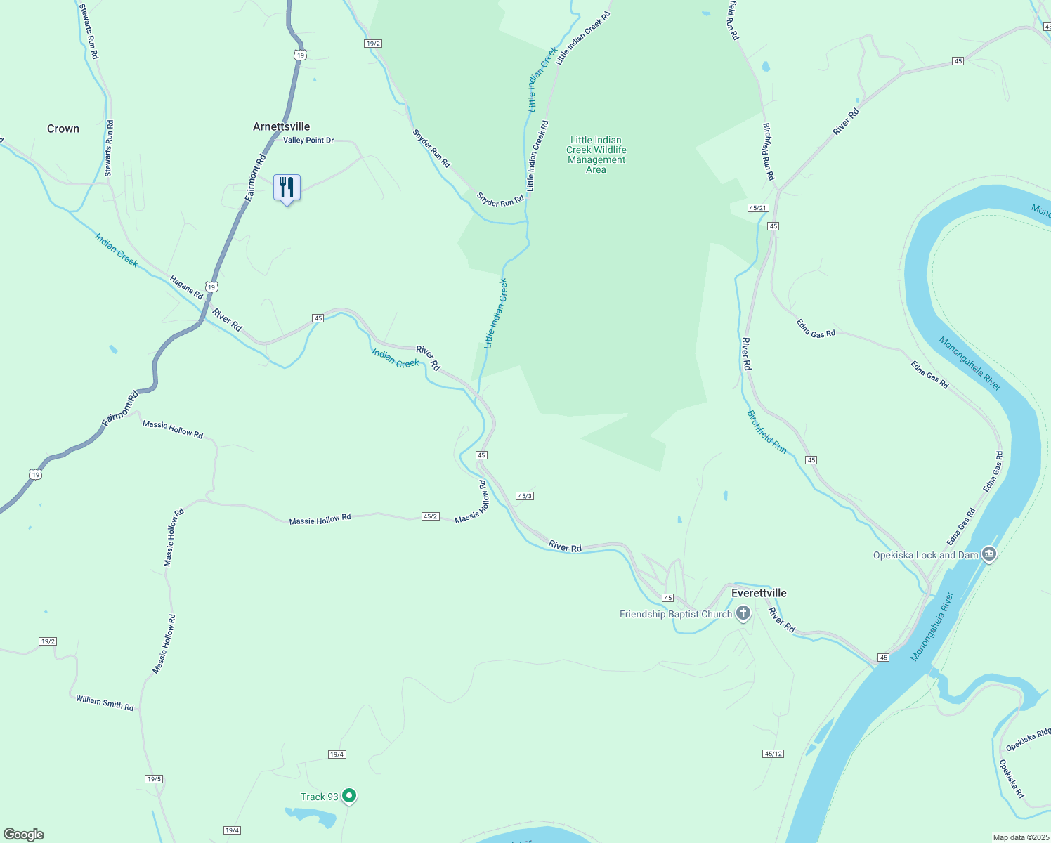 map of restaurants, bars, coffee shops, grocery stores, and more near 5008 River Road in Morgantown