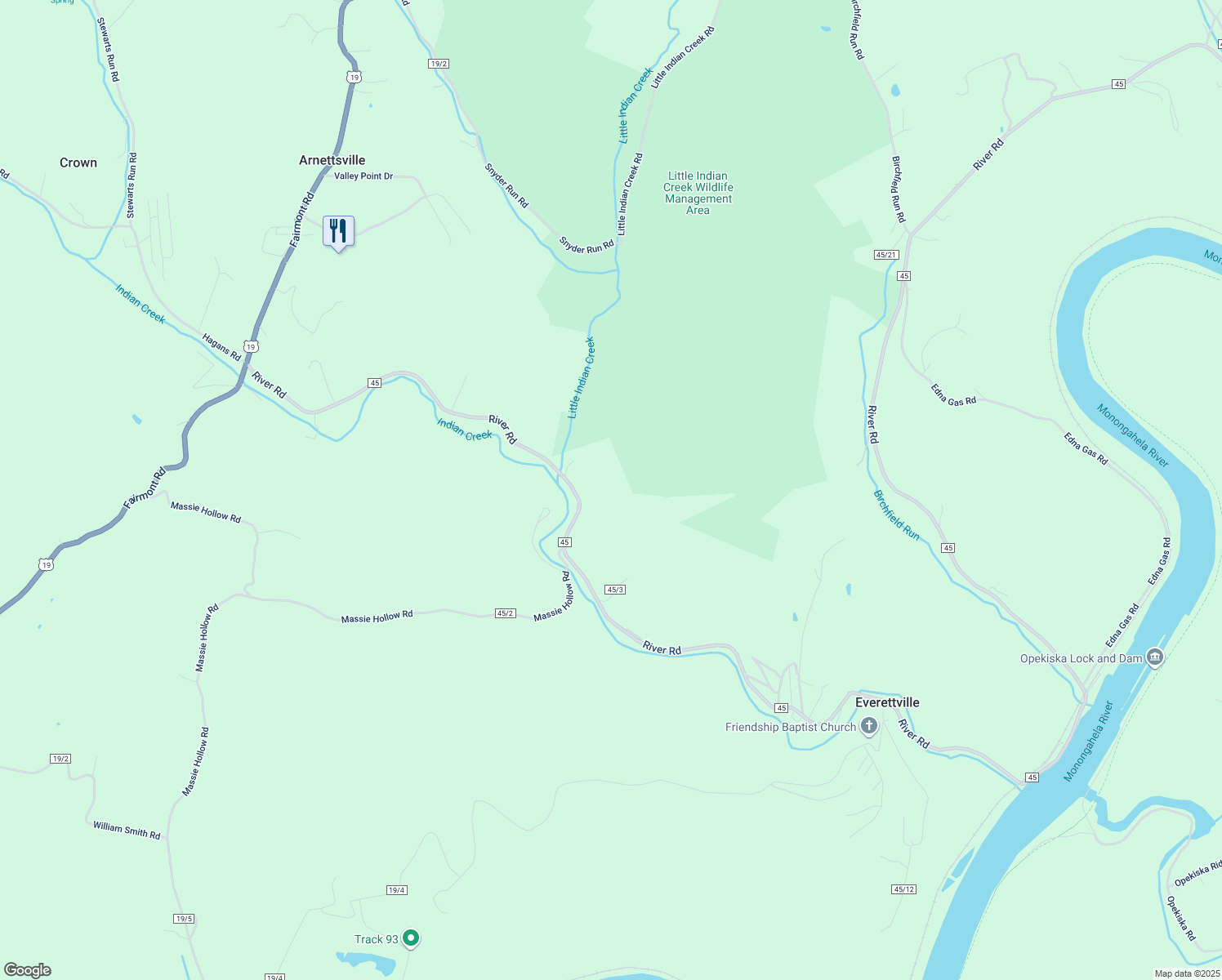 map of restaurants, bars, coffee shops, grocery stores, and more near 5008 River Road in Morgantown