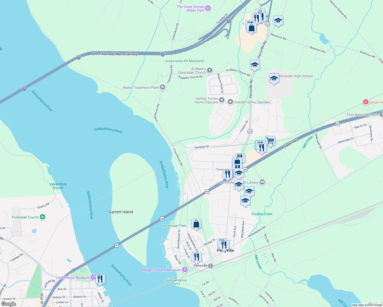 map of restaurants, bars, coffee shops, grocery stores, and more near 475 Franklin St in Perryville
