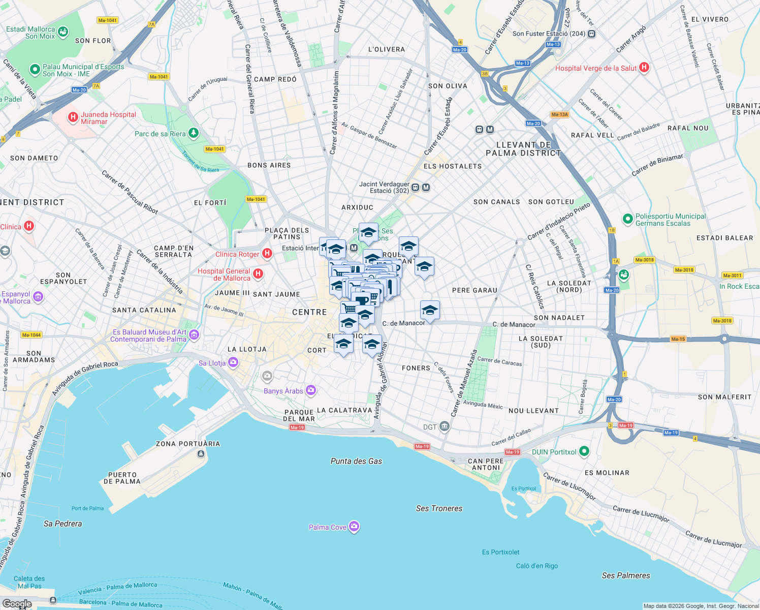 map of restaurants, bars, coffee shops, grocery stores, and more near in Palma