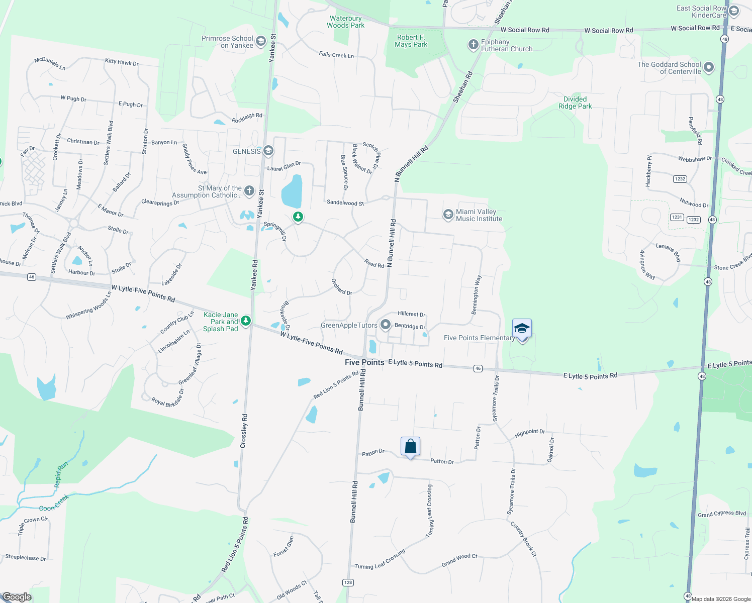 map of restaurants, bars, coffee shops, grocery stores, and more near 55 Copley Cir in Springboro