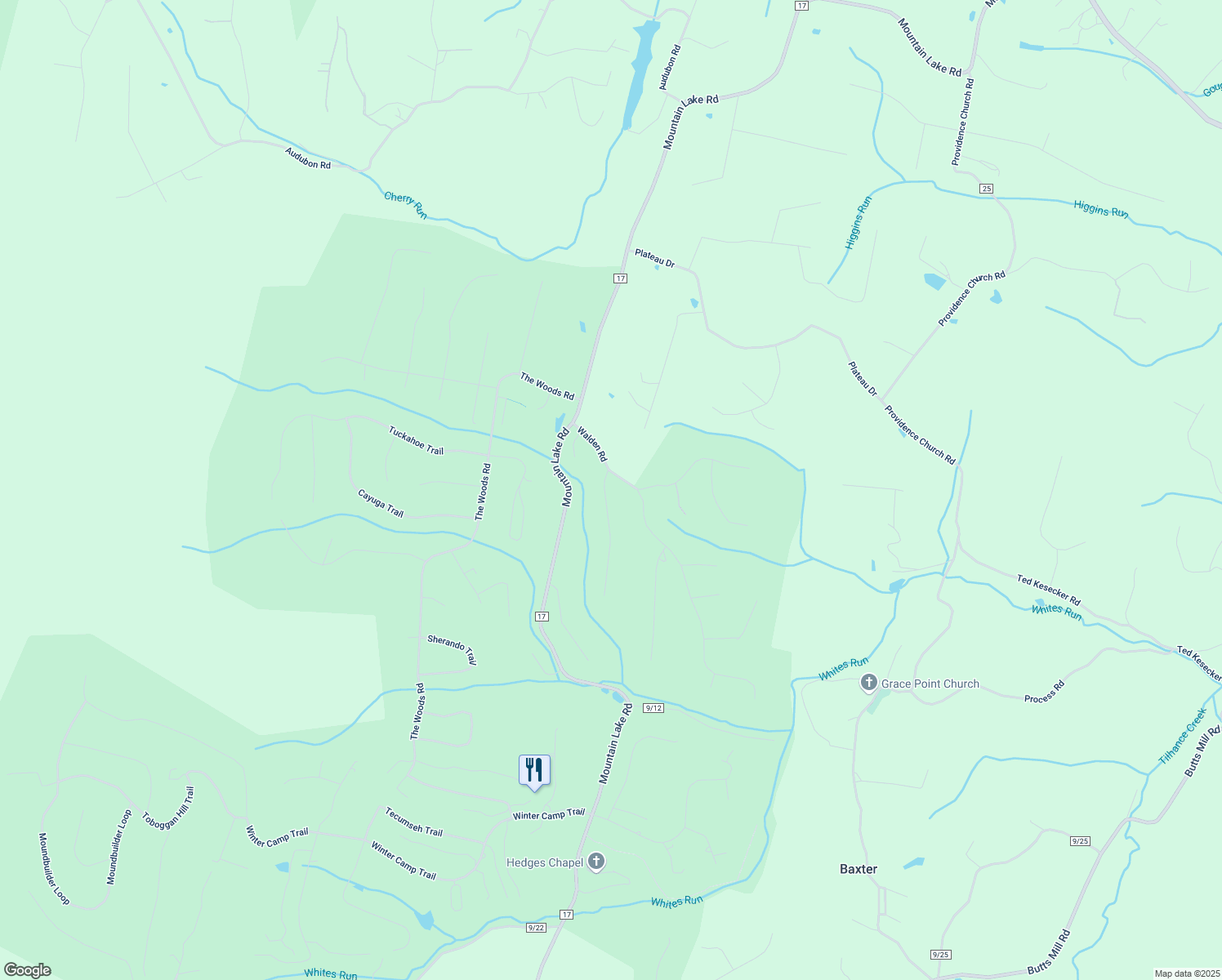 map of restaurants, bars, coffee shops, grocery stores, and more near 40 Animikean Ridge in Hedgesville