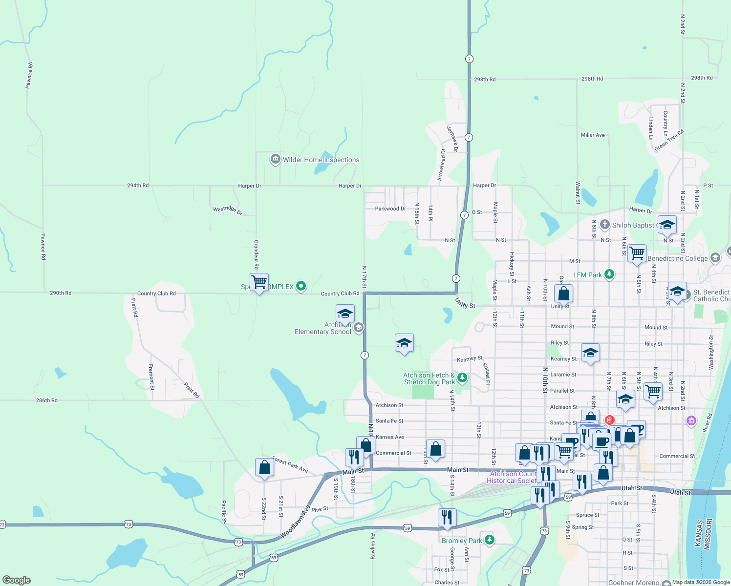 map of restaurants, bars, coffee shops, grocery stores, and more near 1699 Country Club Rd in Atchison