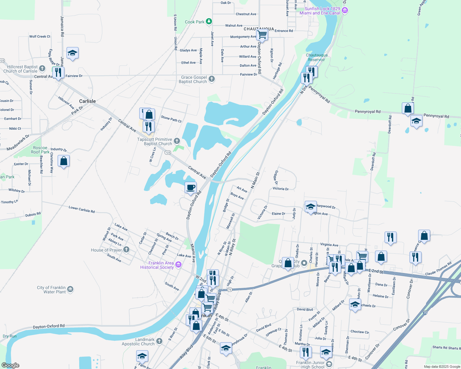 map of restaurants, bars, coffee shops, grocery stores, and more near 617 Bridge St in Franklin