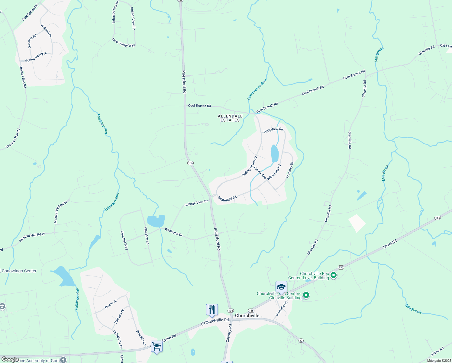map of restaurants, bars, coffee shops, grocery stores, and more near 2940 Rolling Green Drive in Churchville