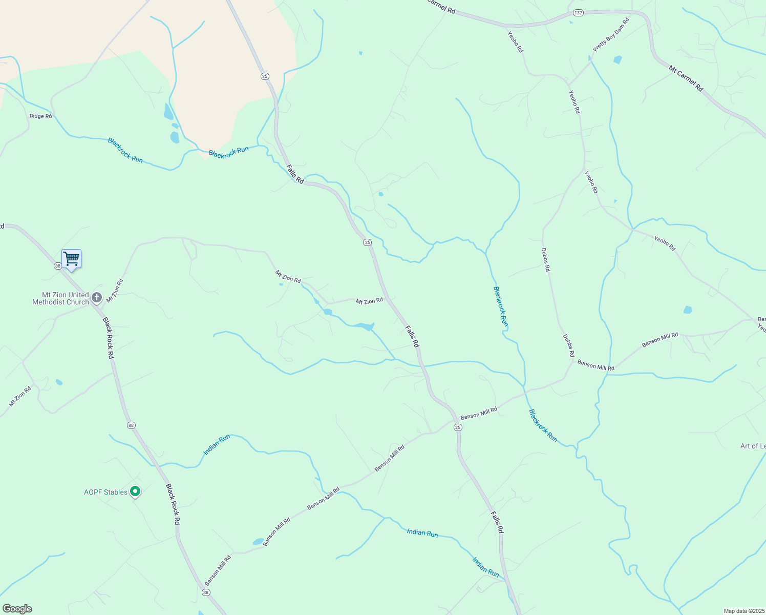 map of restaurants, bars, coffee shops, grocery stores, and more near 16426 Falls Road in Upperco