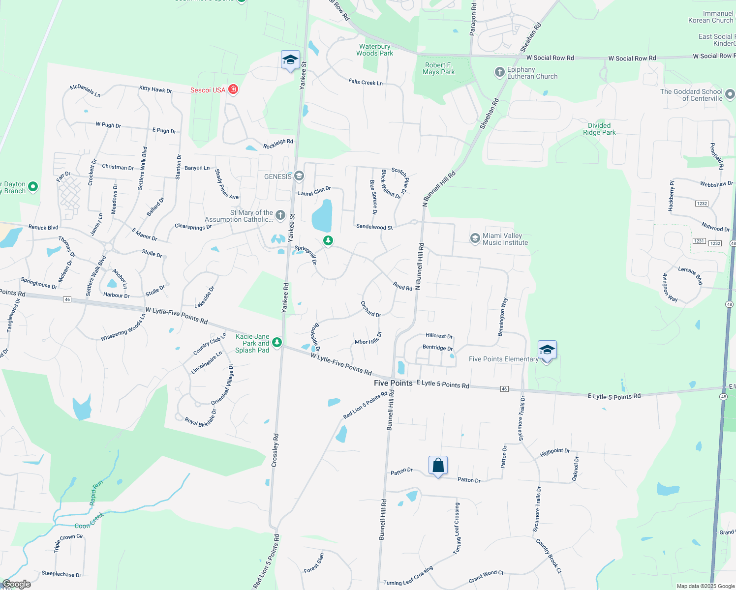 map of restaurants, bars, coffee shops, grocery stores, and more near 505 Orchard Drive in Springboro