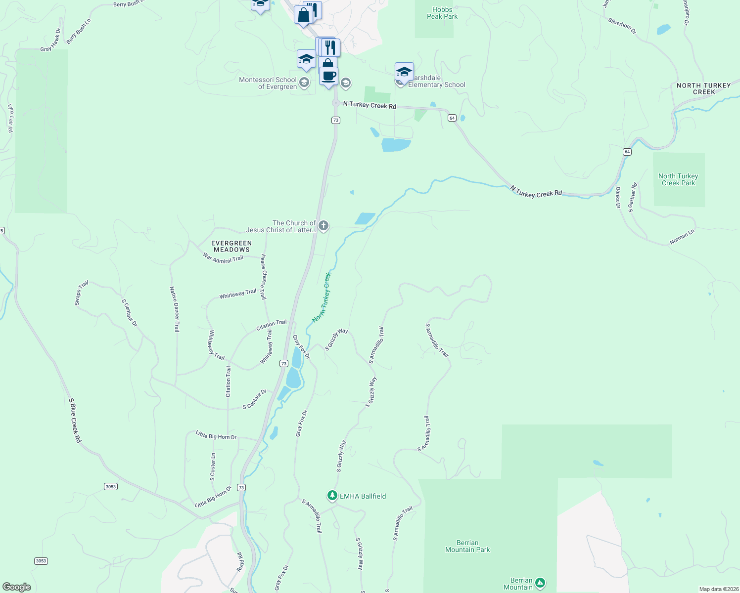 map of restaurants, bars, coffee shops, grocery stores, and more near 7822 Red Fox Drive in Evergreen