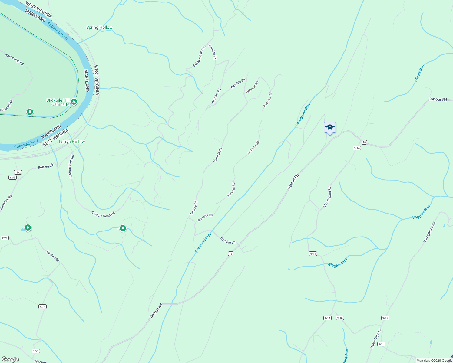 map of restaurants, bars, coffee shops, grocery stores, and more near 455 Roberts Lane in Great Cacapon