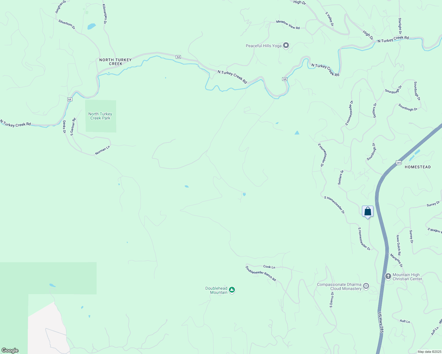 map of restaurants, bars, coffee shops, grocery stores, and more near 7513 Peaceful Hills Road in Evergreen