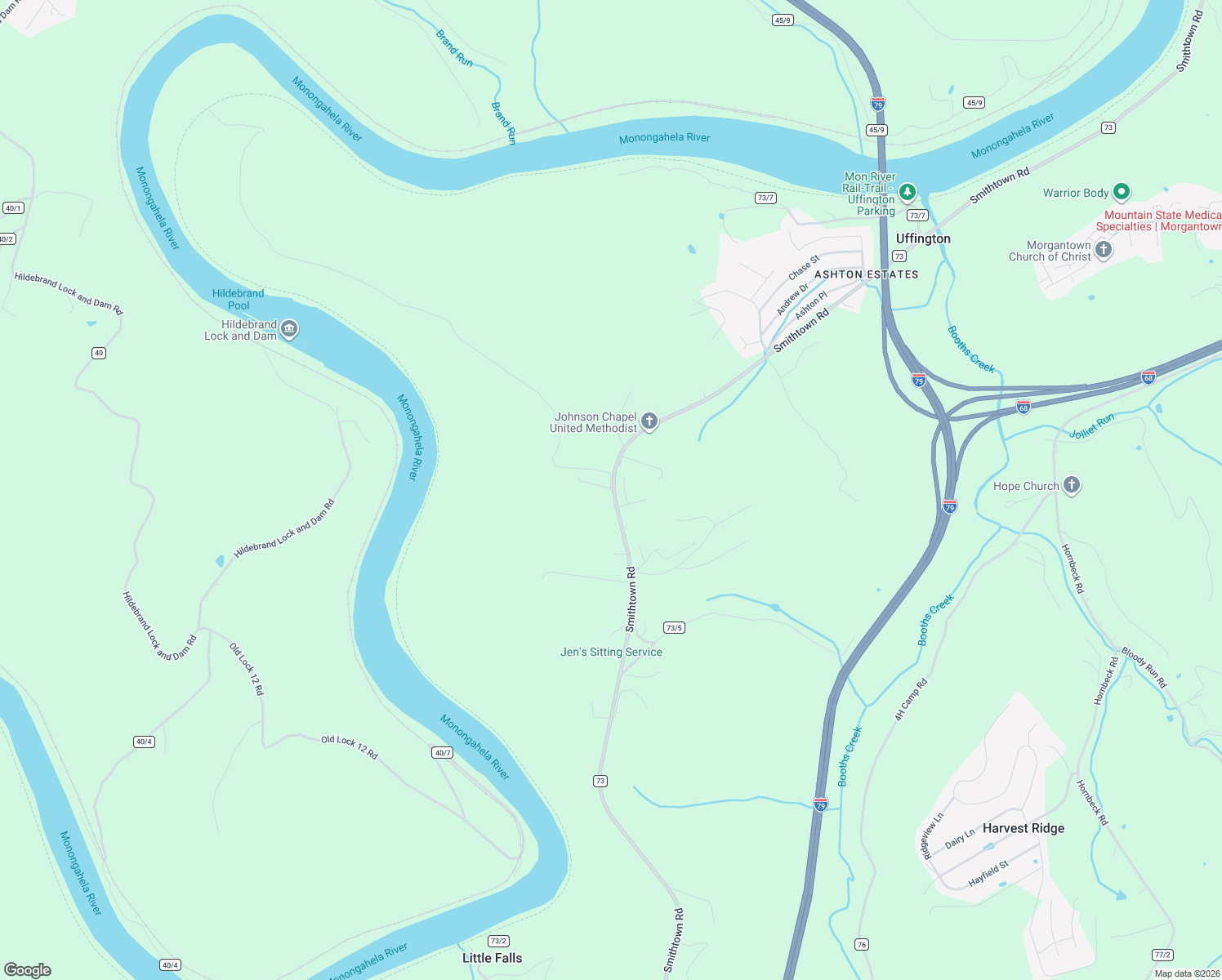 map of restaurants, bars, coffee shops, grocery stores, and more near 20 Smithtown Road in Morgantown