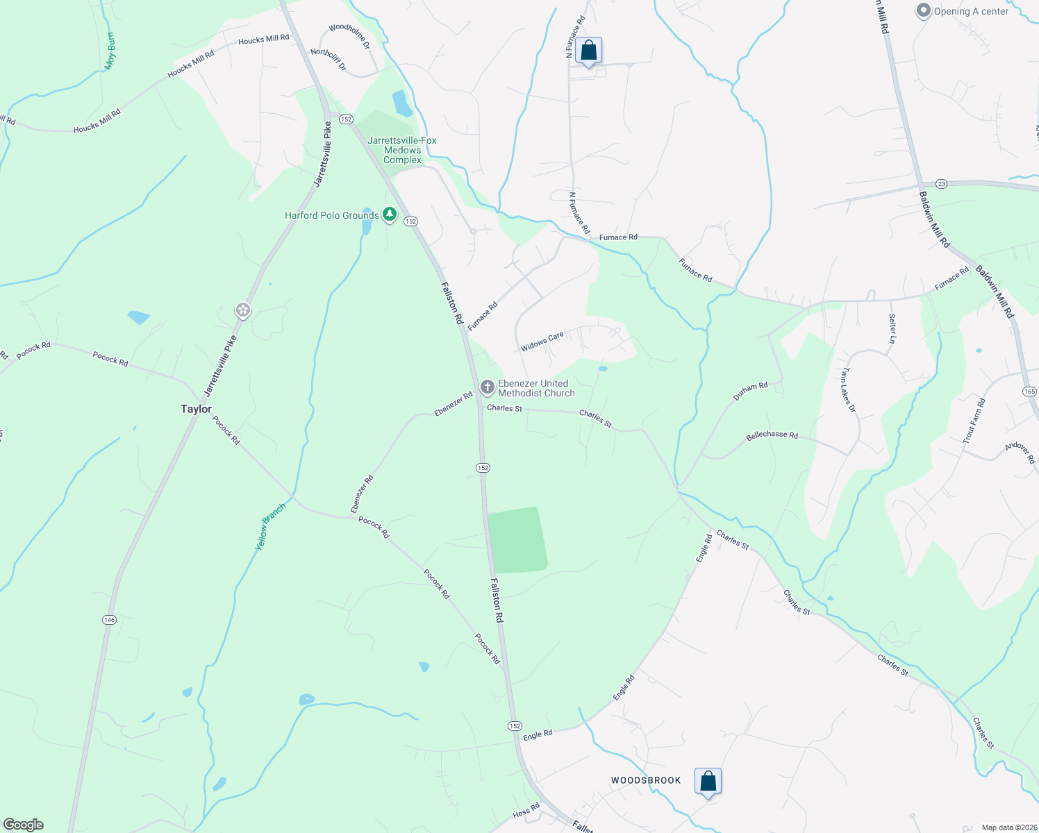 map of restaurants, bars, coffee shops, grocery stores, and more near 3326 Charles Street in Fallston