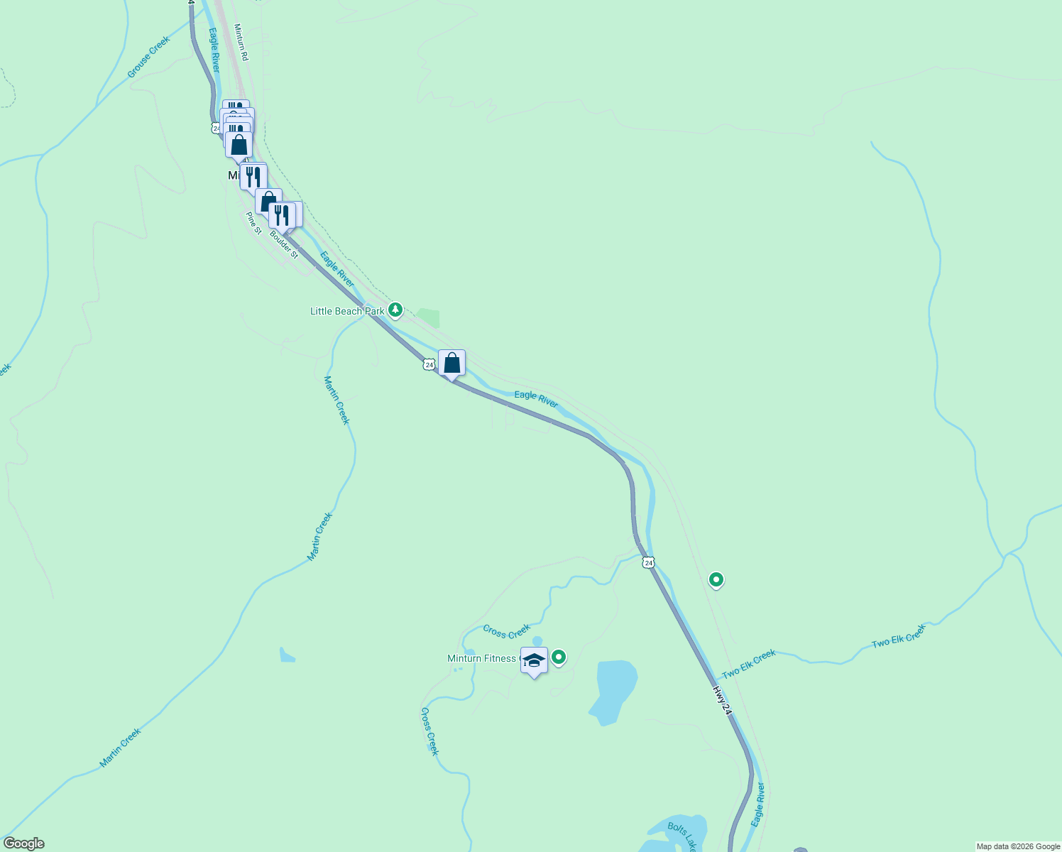 map of restaurants, bars, coffee shops, grocery stores, and more near 1251 Main Street in Minturn
