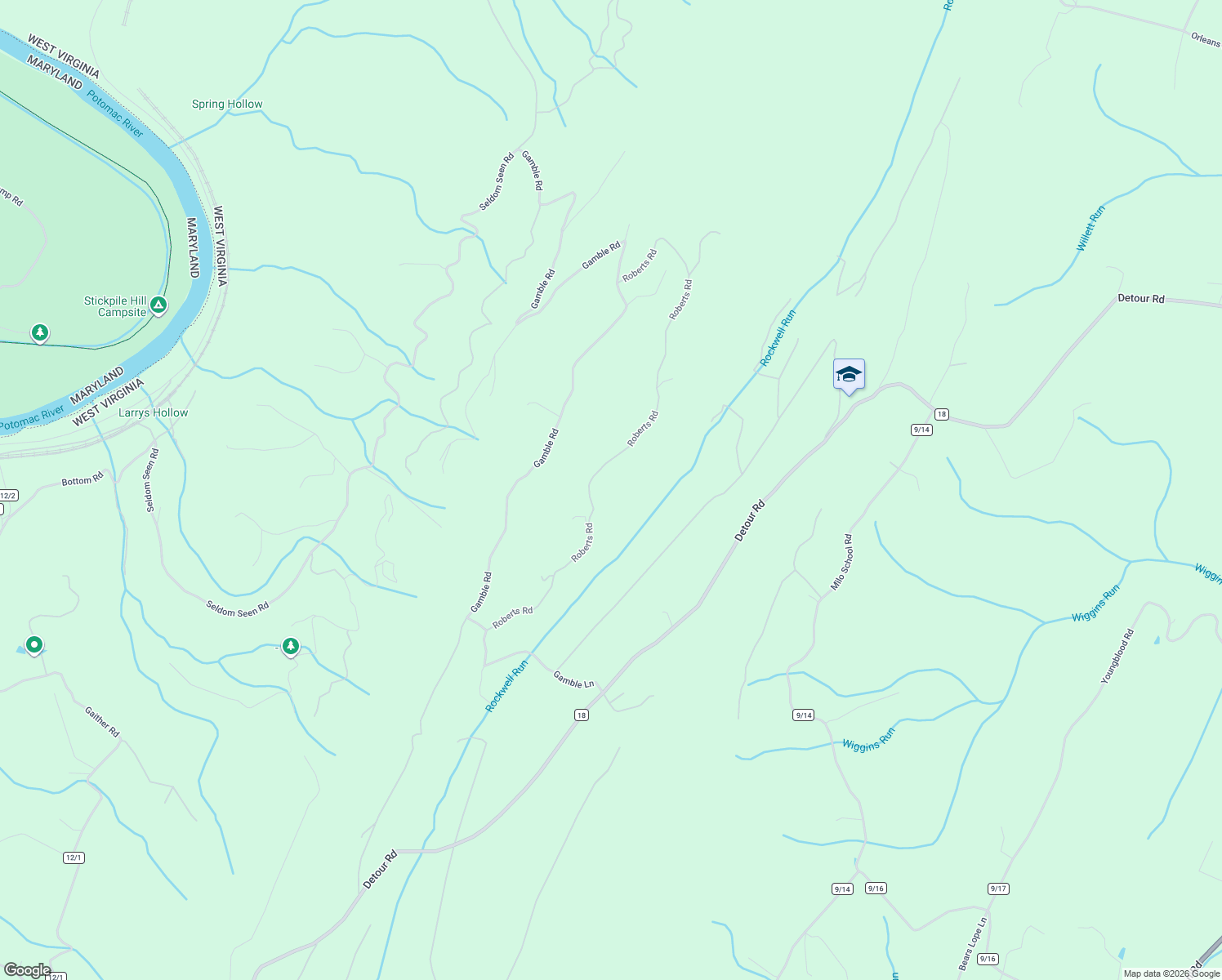 map of restaurants, bars, coffee shops, grocery stores, and more near 455 Roberts Lane in Great Cacapon
