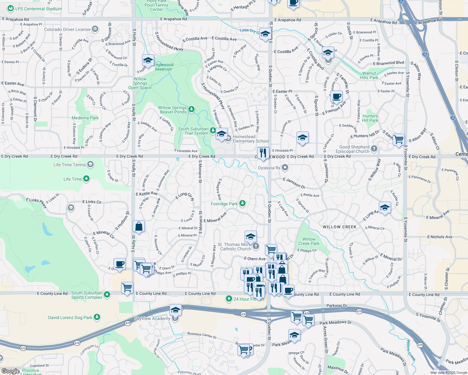 map of restaurants, bars, coffee shops, grocery stores, and more near 7773 South Oneida Court in Centennial