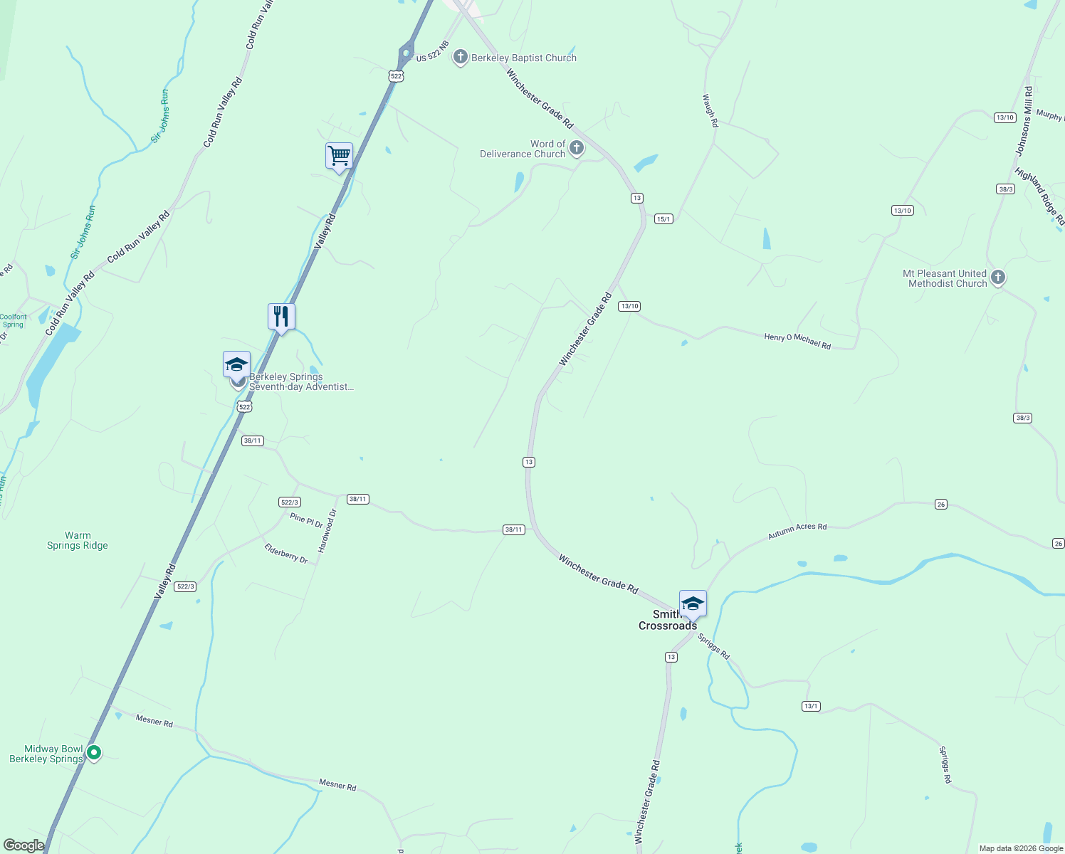 map of restaurants, bars, coffee shops, grocery stores, and more near 1701-1799 Winchester Grade Road in Berkeley Springs
