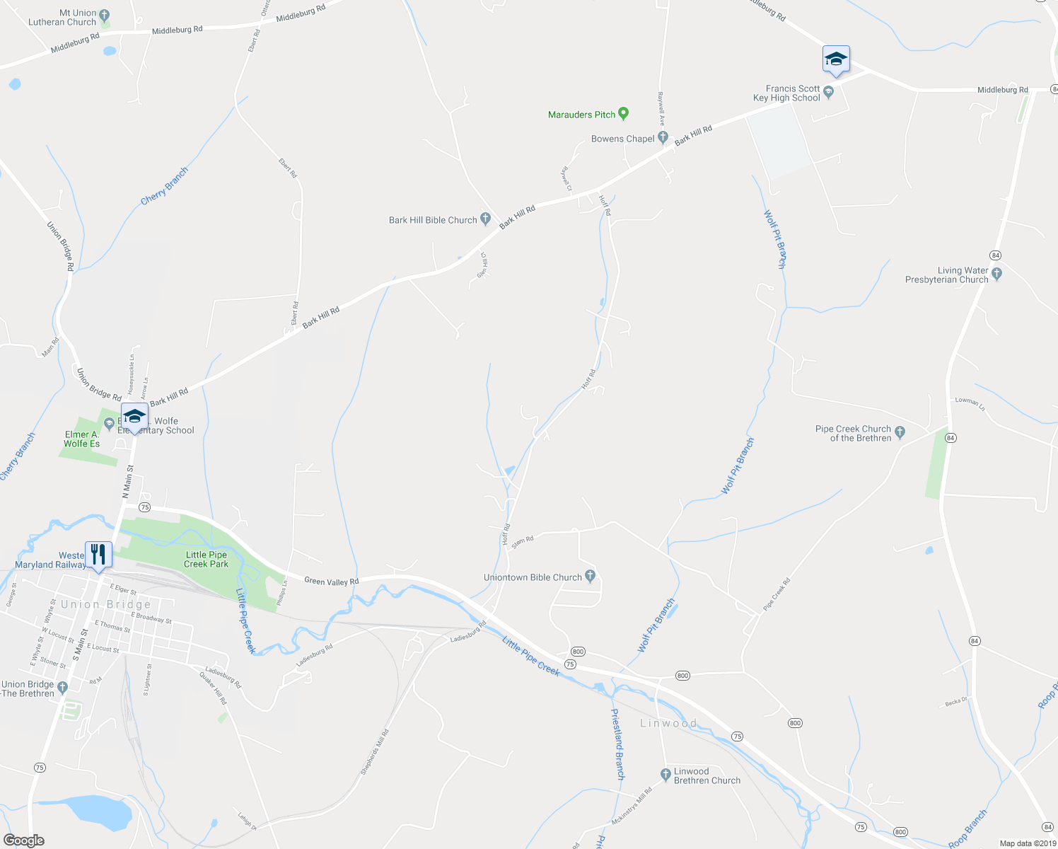 map of restaurants, bars, coffee shops, grocery stores, and more near 57 Hoff Road in Union Bridge