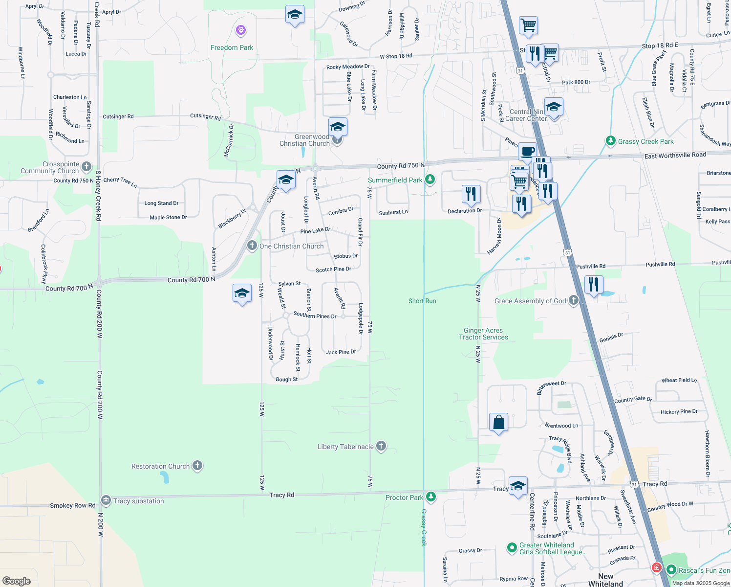 map of restaurants, bars, coffee shops, grocery stores, and more near 2907 Lodgepole Drive in Whiteland