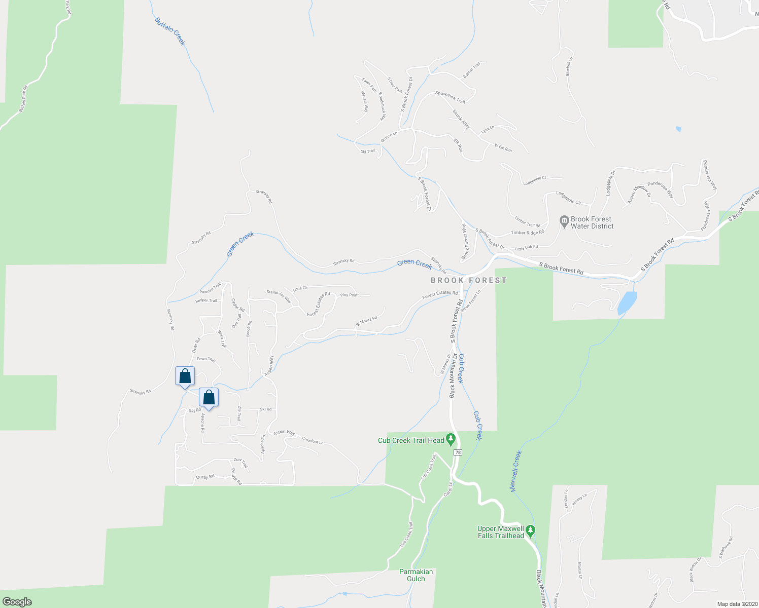 map of restaurants, bars, coffee shops, grocery stores, and more near 7603 Saint Moritz Road in Evergreen